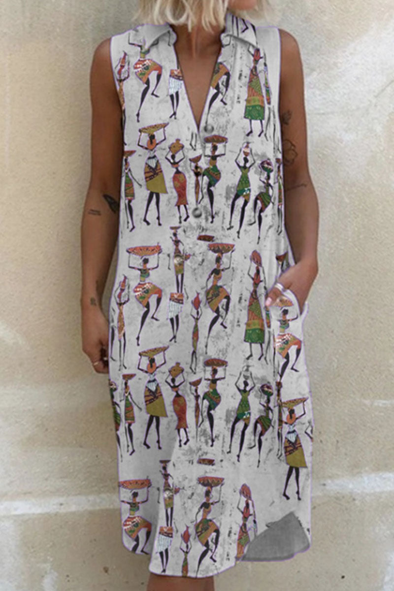 Fashion Casual Print Split Joint Turndown Collar A Line Dresses - Fashionpara