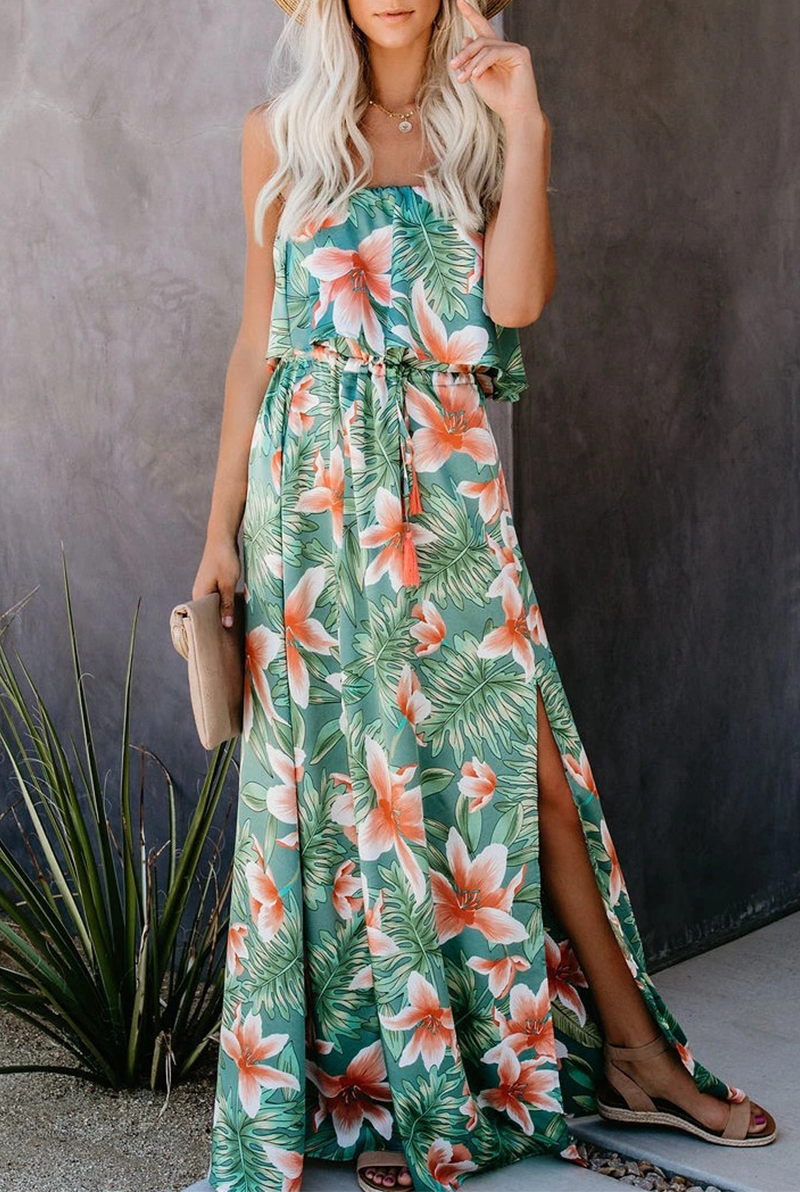 Fashion Elegant Floral Frenulum Slit Strapless A Line Dresses - Fashionpara