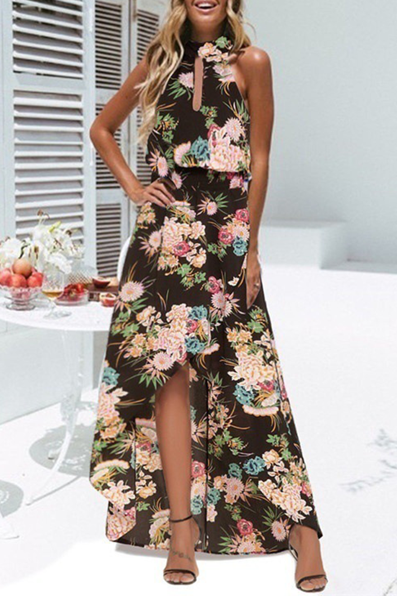 Fashion Elegant Floral Hollowed Out Frenulum Halter Irregular Dress Dresses - Fashionpara