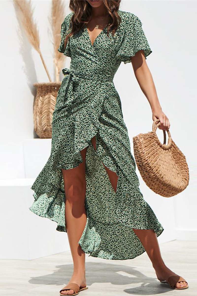 Elegant Print Frenulum Flounce V Neck Irregular Maxi Dresses - Fashionpara