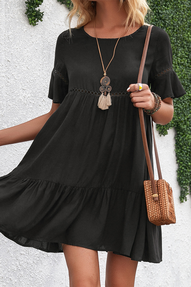 Elegant Solid Hollowed Out Flounce O Neck A Line Dresses - Fashionpara