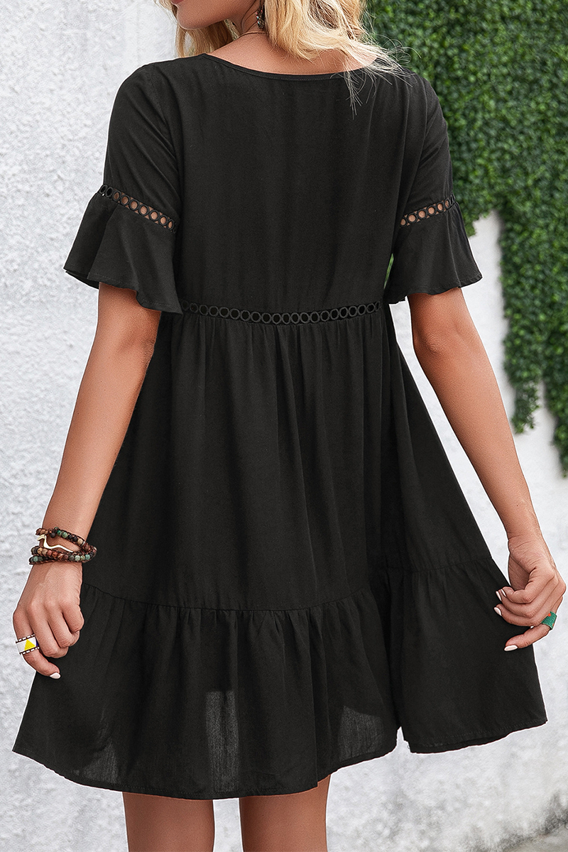 Elegant Solid Hollowed Out Flounce O Neck A Line Dresses - Fashionpara