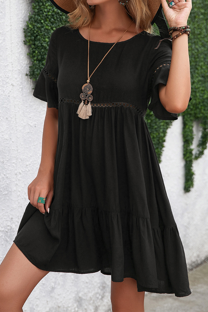 Elegant Solid Hollowed Out Flounce O Neck A Line Dresses - Fashionpara