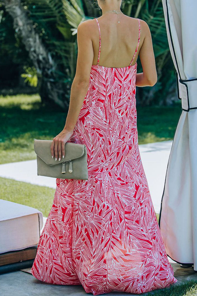 Fashion Vacation Print Slit V Neck Princess Dresses - Fashionpara