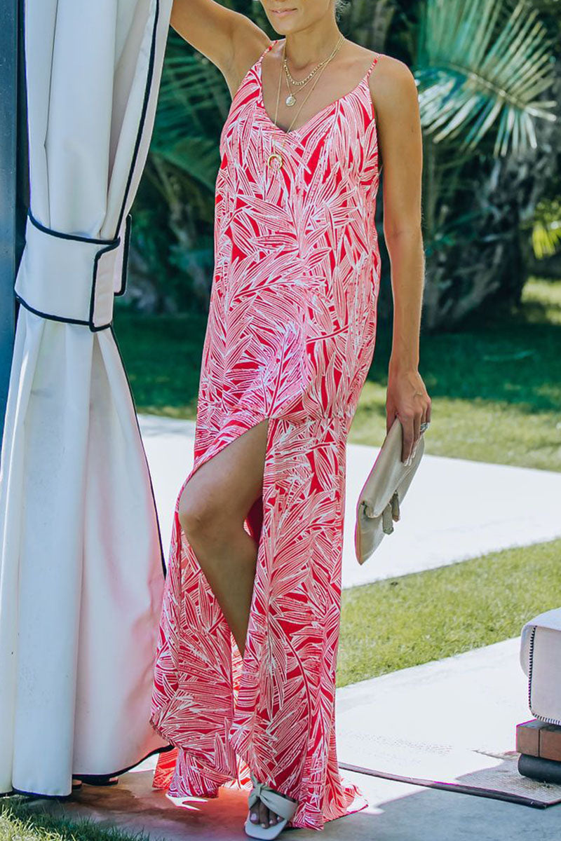 Fashion Vacation Print Slit V Neck Princess Dresses - Fashionpara