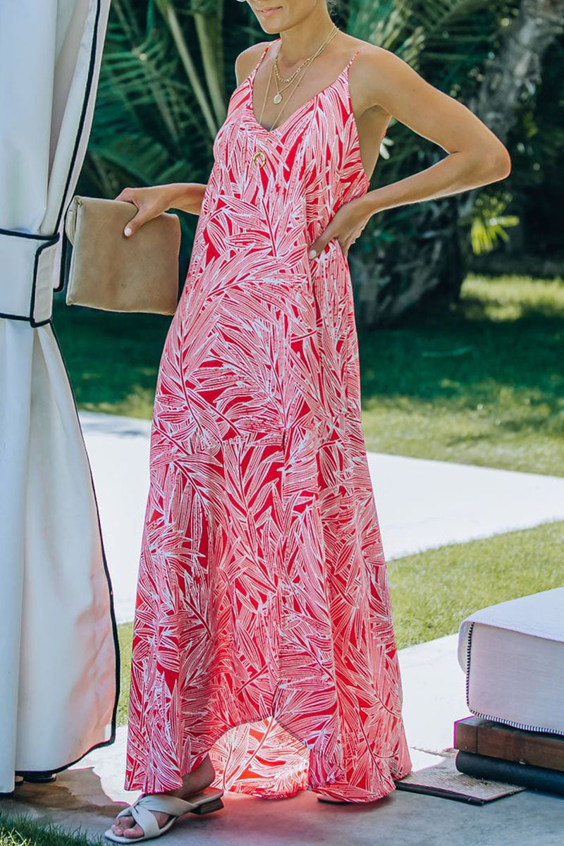 Fashion Vacation Print Slit V Neck Princess Dresses - Fashionpara