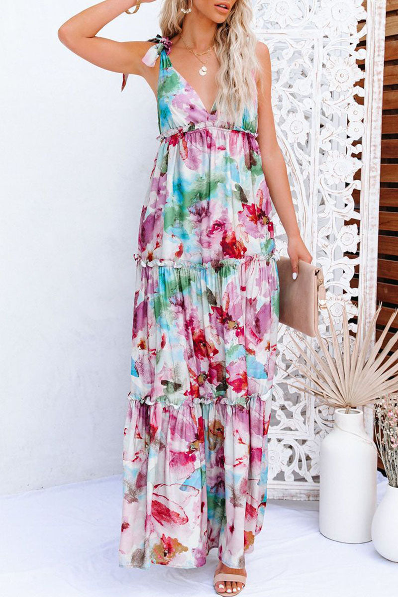 Fashion Street Print Split Joint V Neck Princess Dresses - Fashionpara