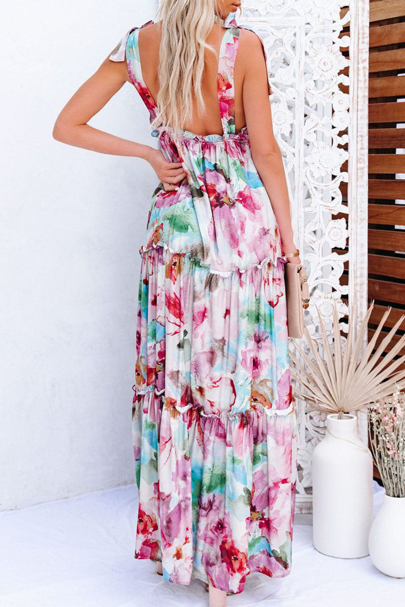 Fashion Street Print Split Joint V Neck Princess Dresses - Fashionpara