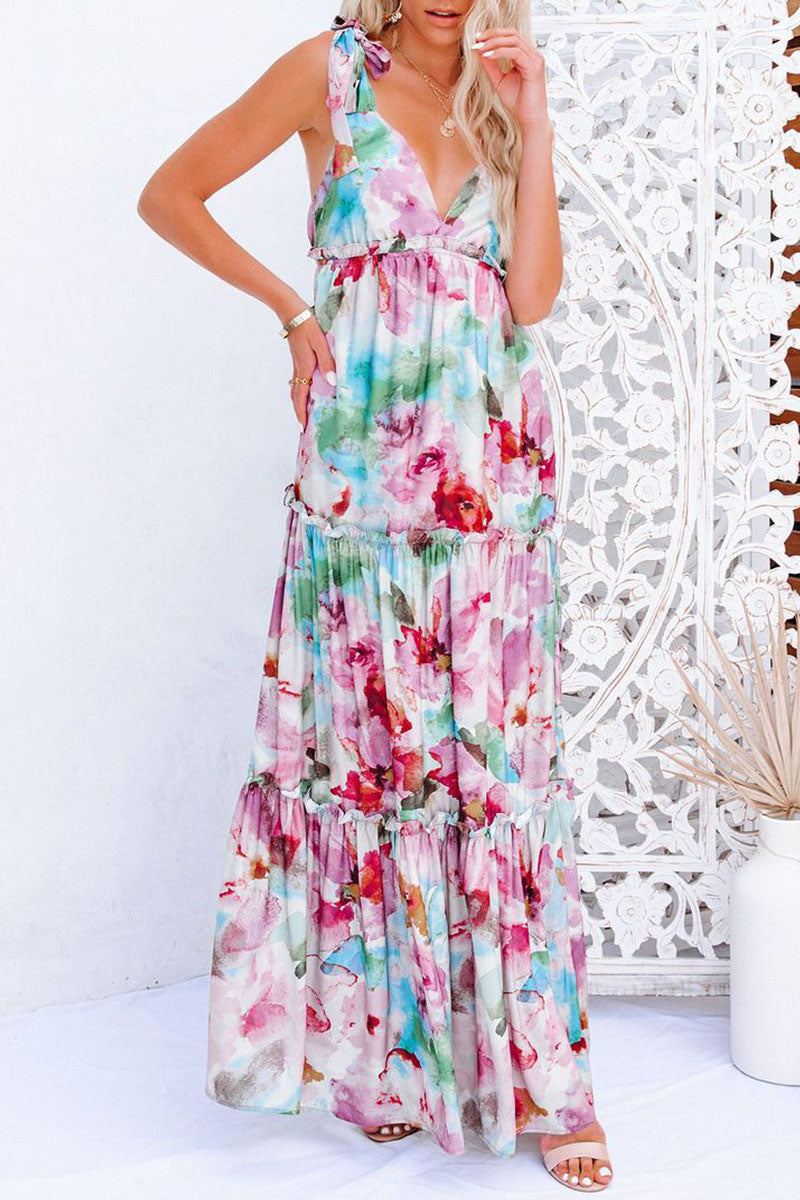 Fashion Street Print Split Joint V Neck Princess Dresses - Fashionpara