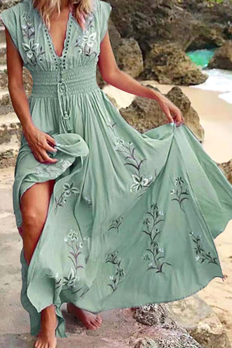 Fashion Street Print Patchwork V Neck Irregular Dresses(4 Colors) - Fashionpara