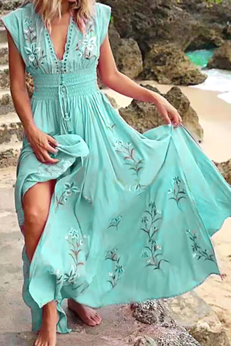 Fashion Street Print Patchwork V Neck Irregular Dresses(4 Colors) - Fashionpara