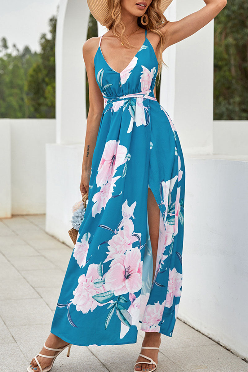 Fashion Street Print Backless V Neck A Line Dresses - Fashionpara