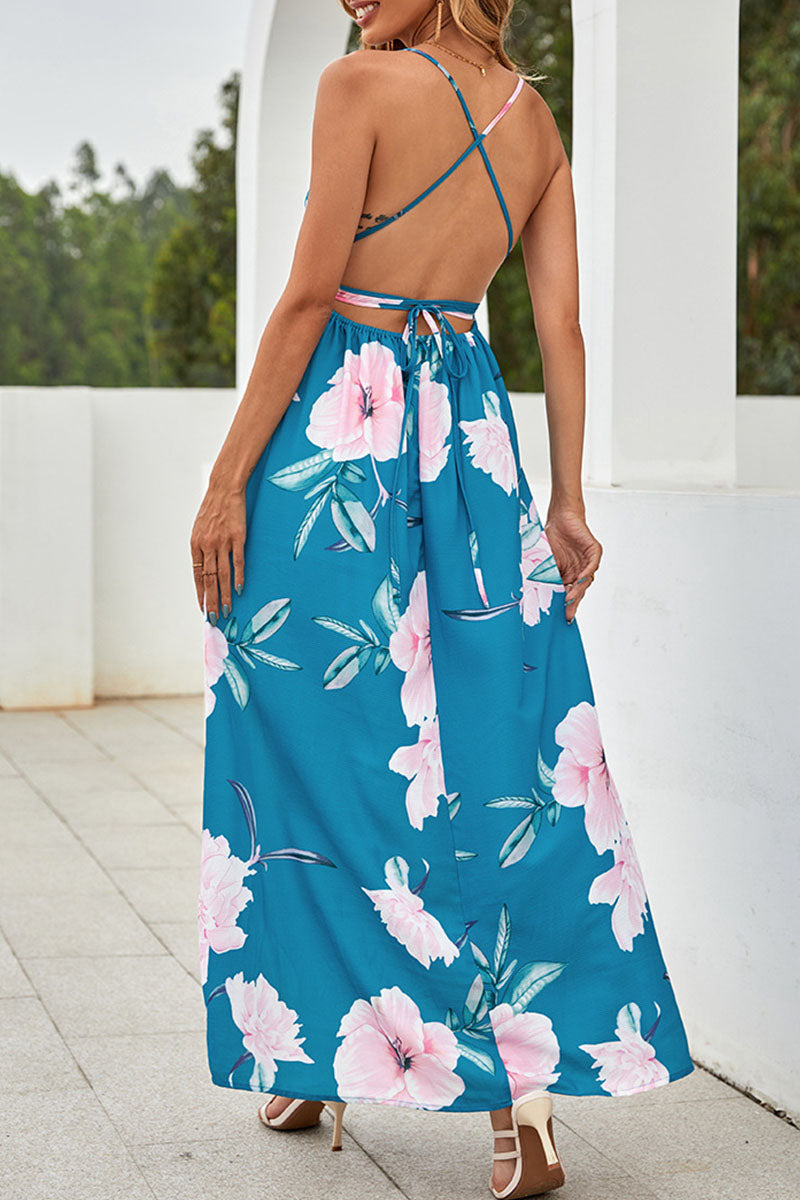 Fashion Street Print Backless V Neck A Line Dresses - Fashionpara