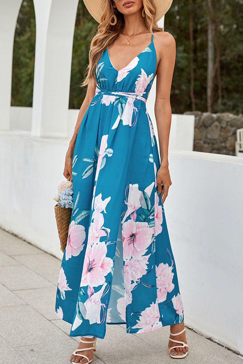 Fashion Street Print Backless V Neck A Line Dresses - Fashionpara