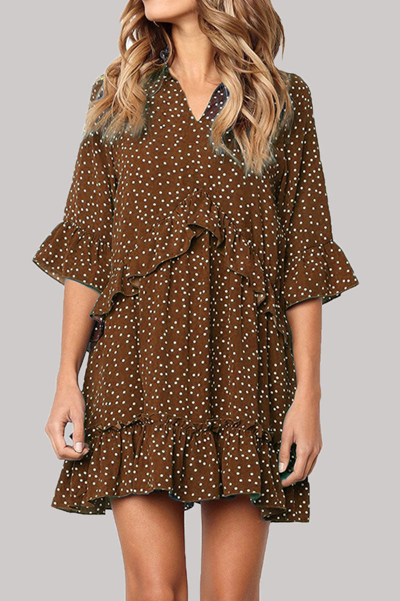 Fashion Casual Polka Dot Split Joint V Neck Princess Dresses - Fashionpara