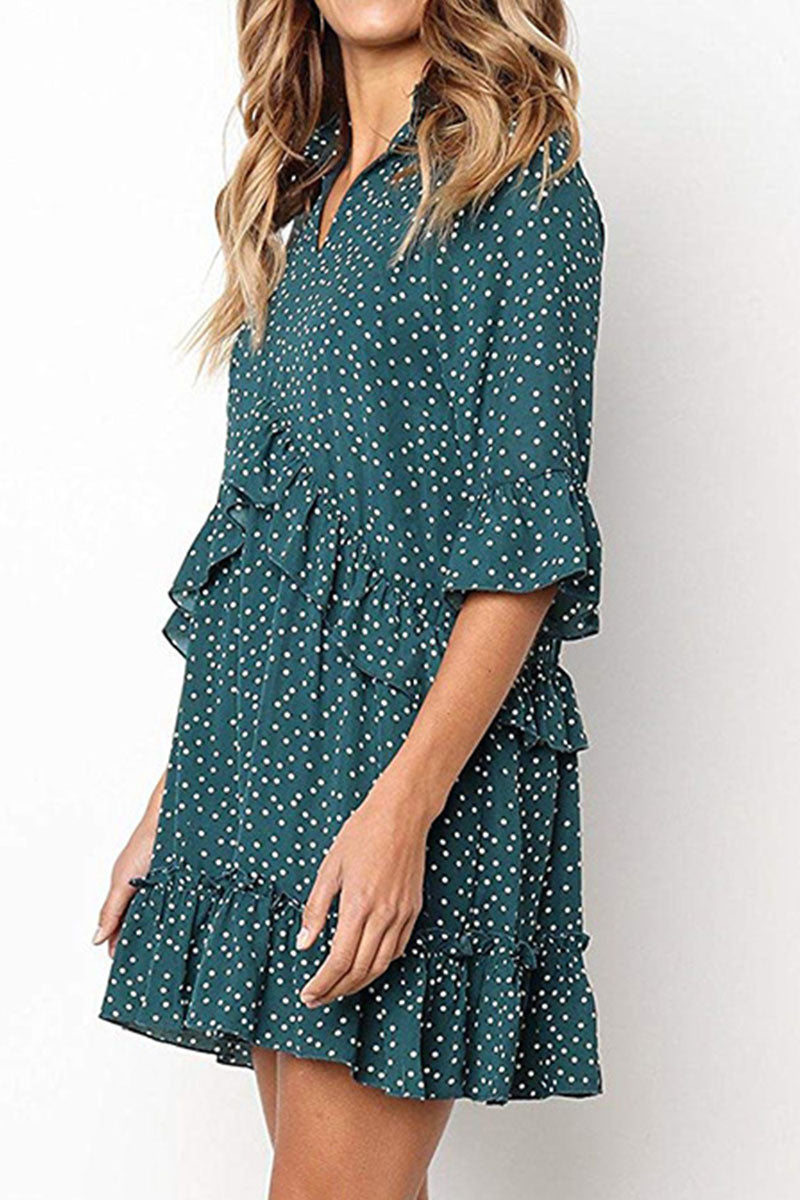 Fashion Casual Polka Dot Split Joint V Neck Princess Dresses - Fashionpara