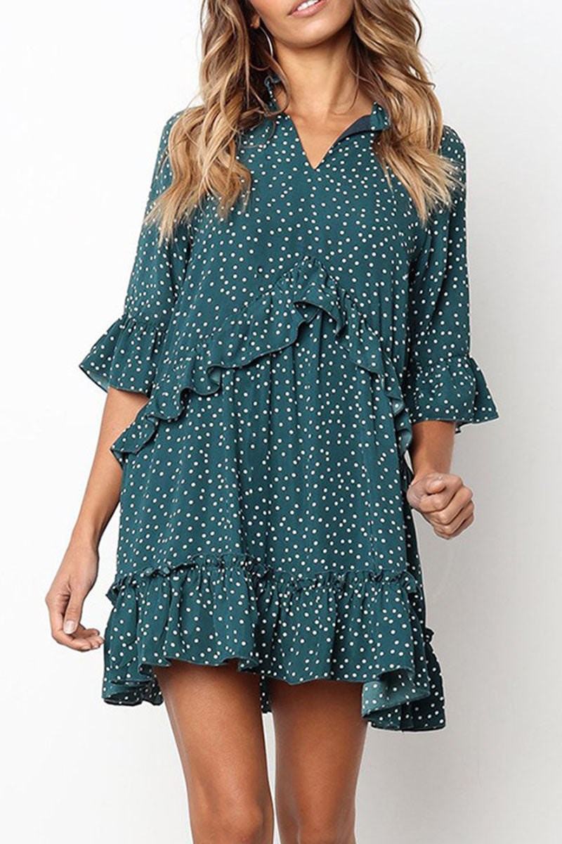 Fashion Casual Polka Dot Split Joint V Neck Princess Dresses - Fashionpara