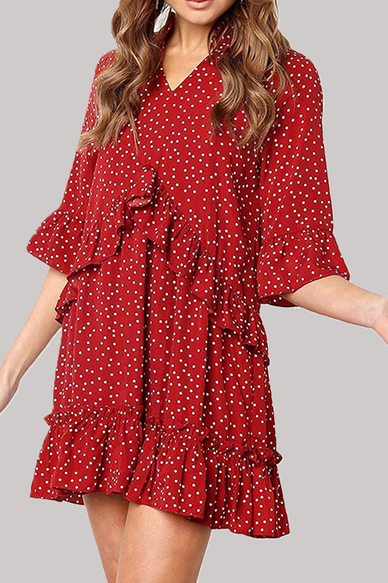 Fashion Casual Polka Dot Split Joint V Neck Princess Dresses - Fashionpara