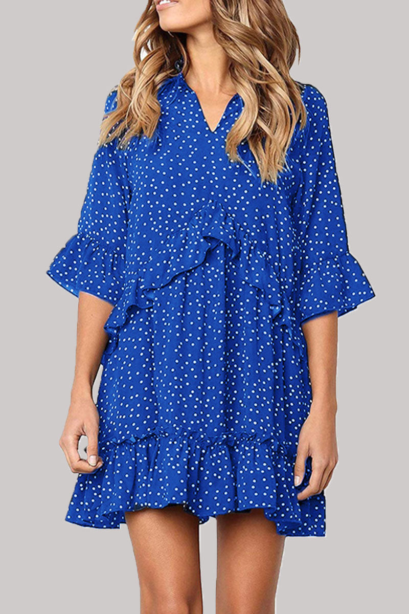 Fashion Casual Polka Dot Split Joint V Neck Princess Dresses - Fashionpara