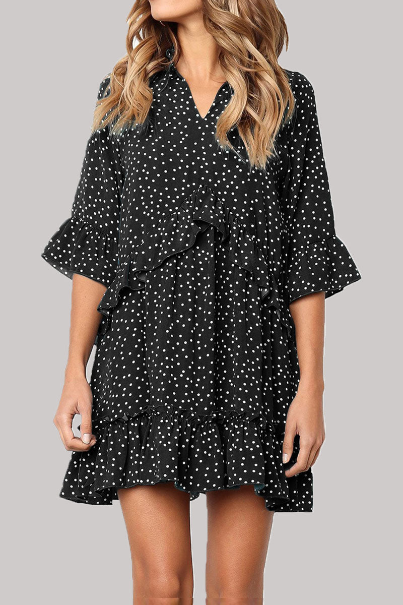 Fashion Casual Polka Dot Split Joint V Neck Princess Dresses - Fashionpara