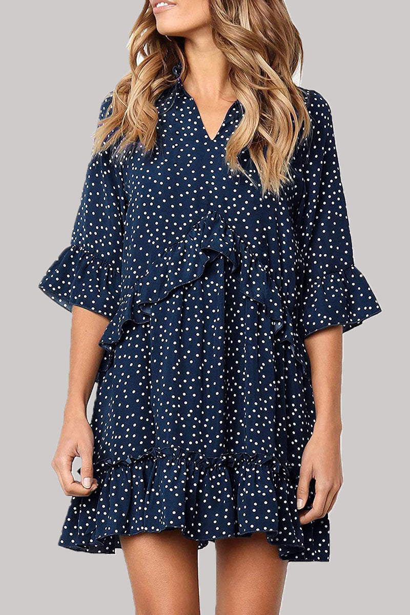 Fashion Casual Polka Dot Split Joint V Neck Princess Dresses - Fashionpara
