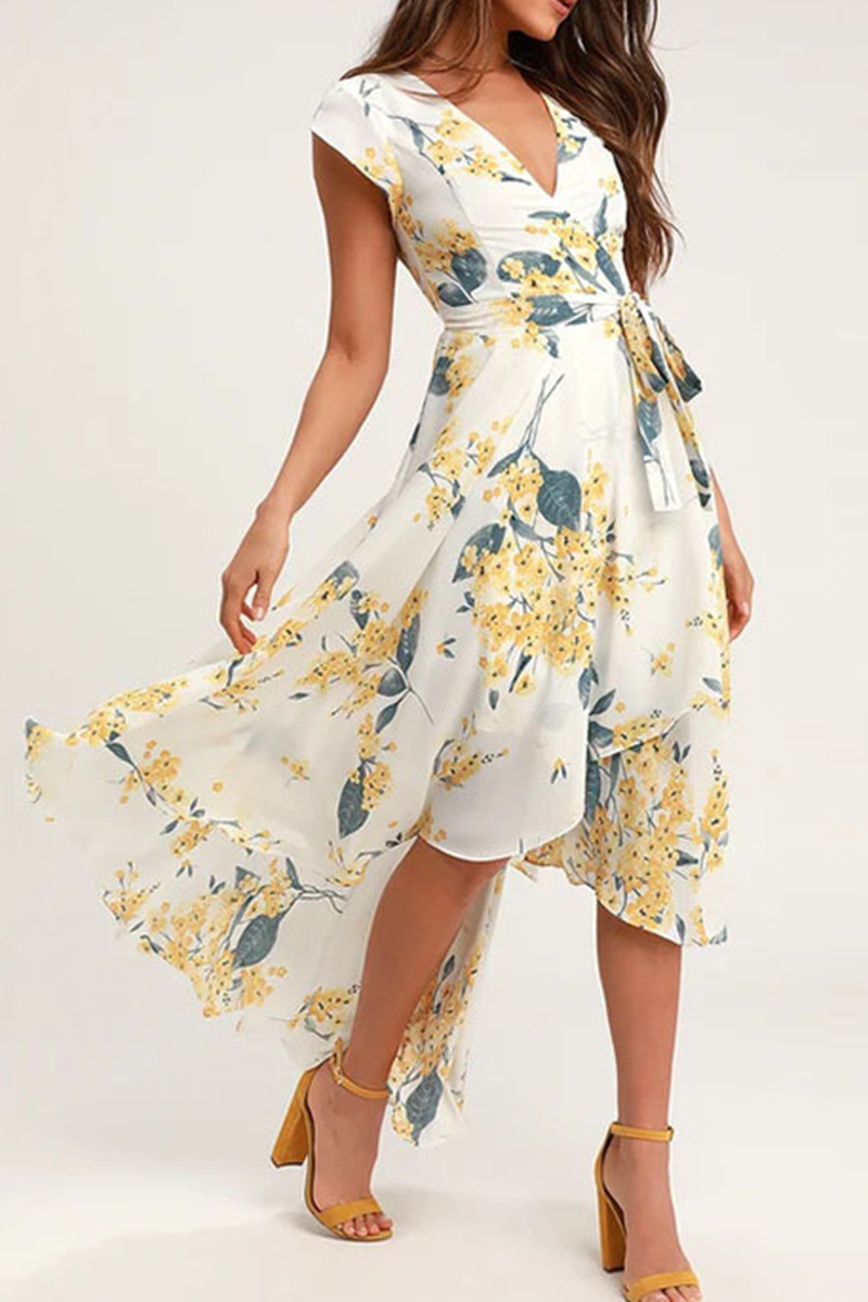 Elegant Floral Frenulum With Belt Irregular Dress Dresses(3 colors) - Fashionpara