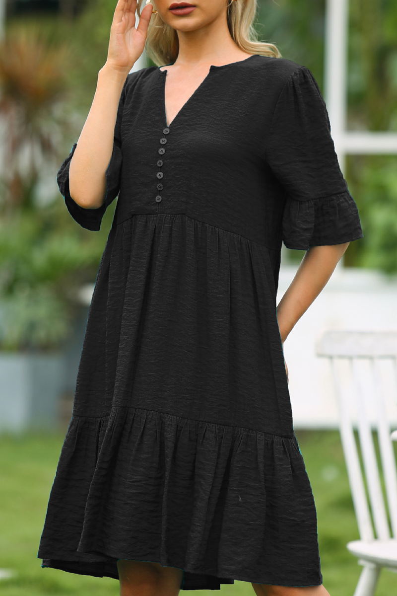 Elegant Solid Buckle Flounce V Neck Dresses - Fashionpara