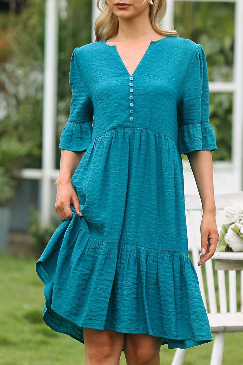 Elegant Solid Buckle Flounce V Neck Dresses - Fashionpara