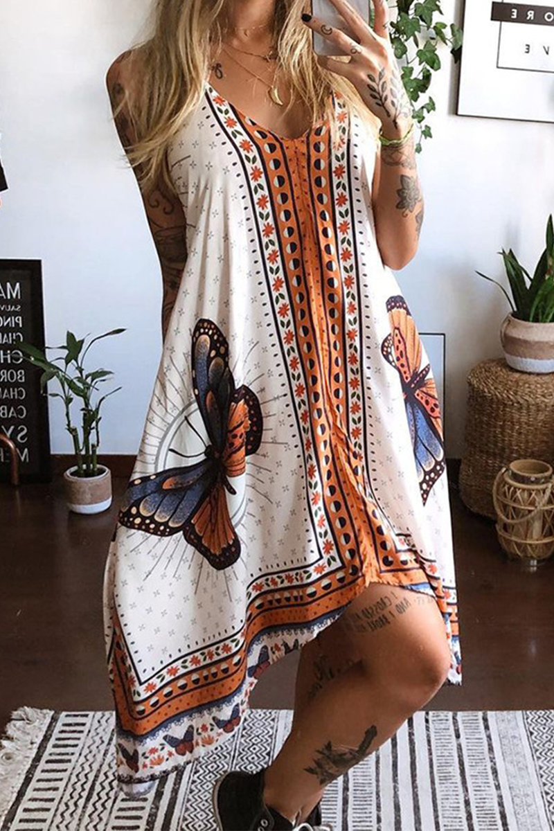 Casual Print Butterfly Backless V Neck Irregular Dresses - Fashionpara