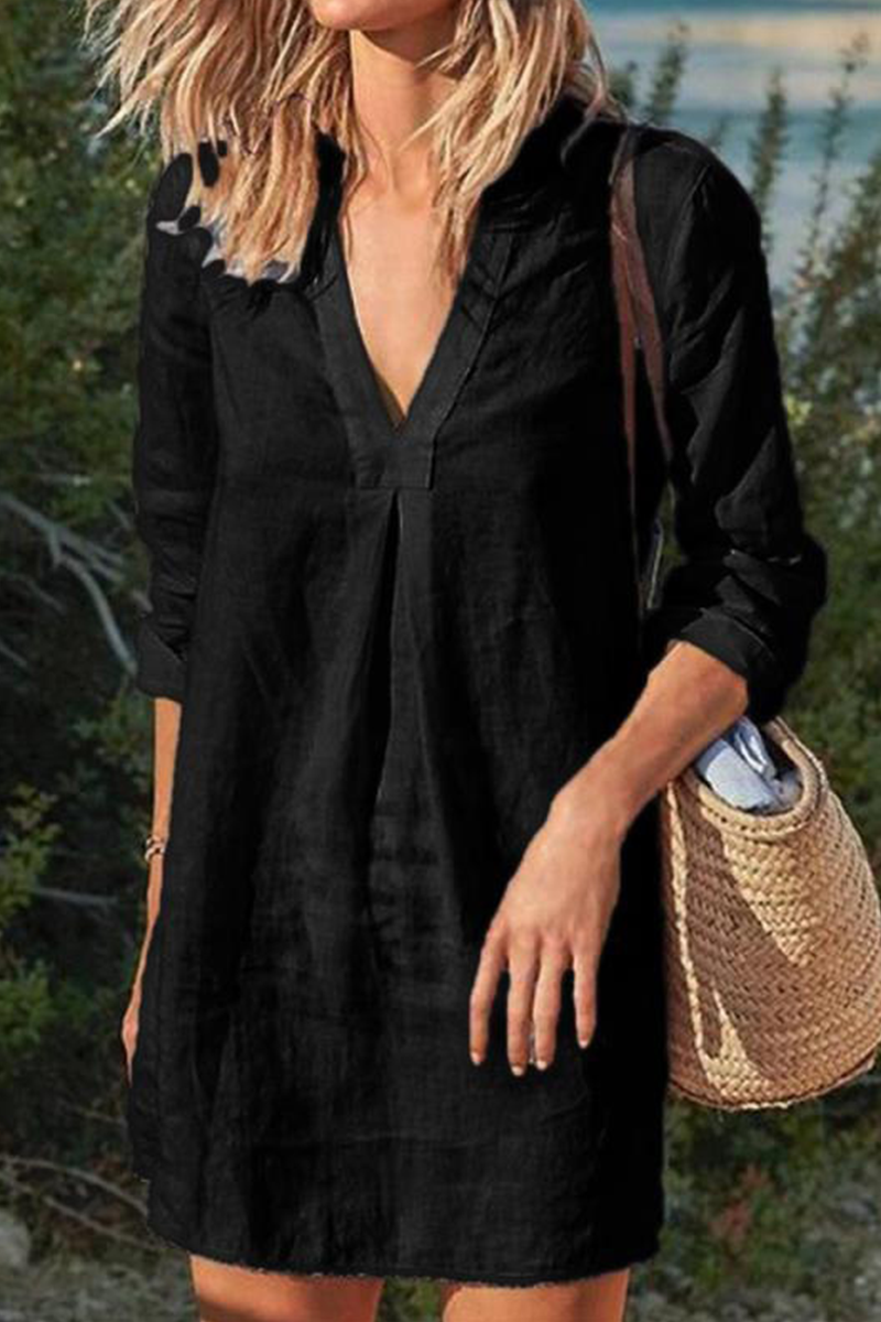 Casual Solid Patchwork V Neck A Line Dresses - Fashionpara