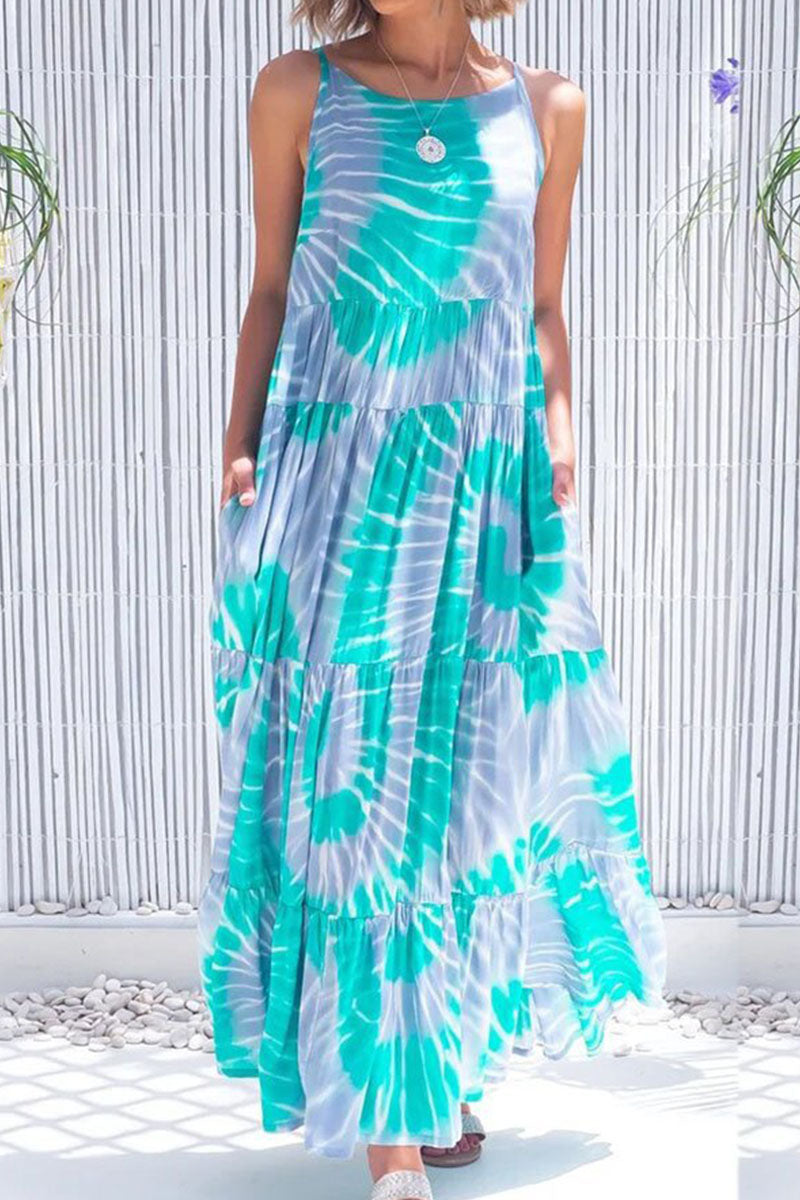 Fashion Casual Print Split Joint O Neck A Line Dresses - Fashionpara