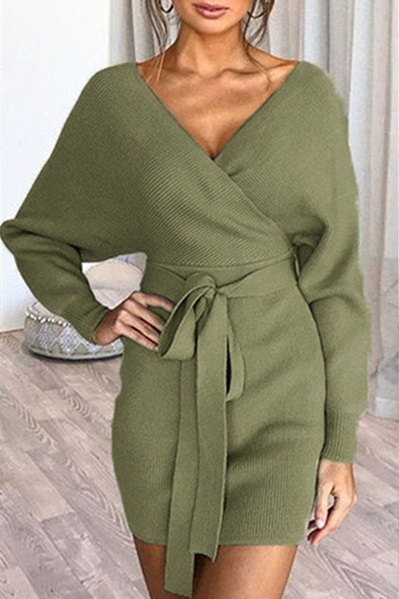 Fashion Casual Solid Split Joint V Neck A Line Dresses - Fashionpara