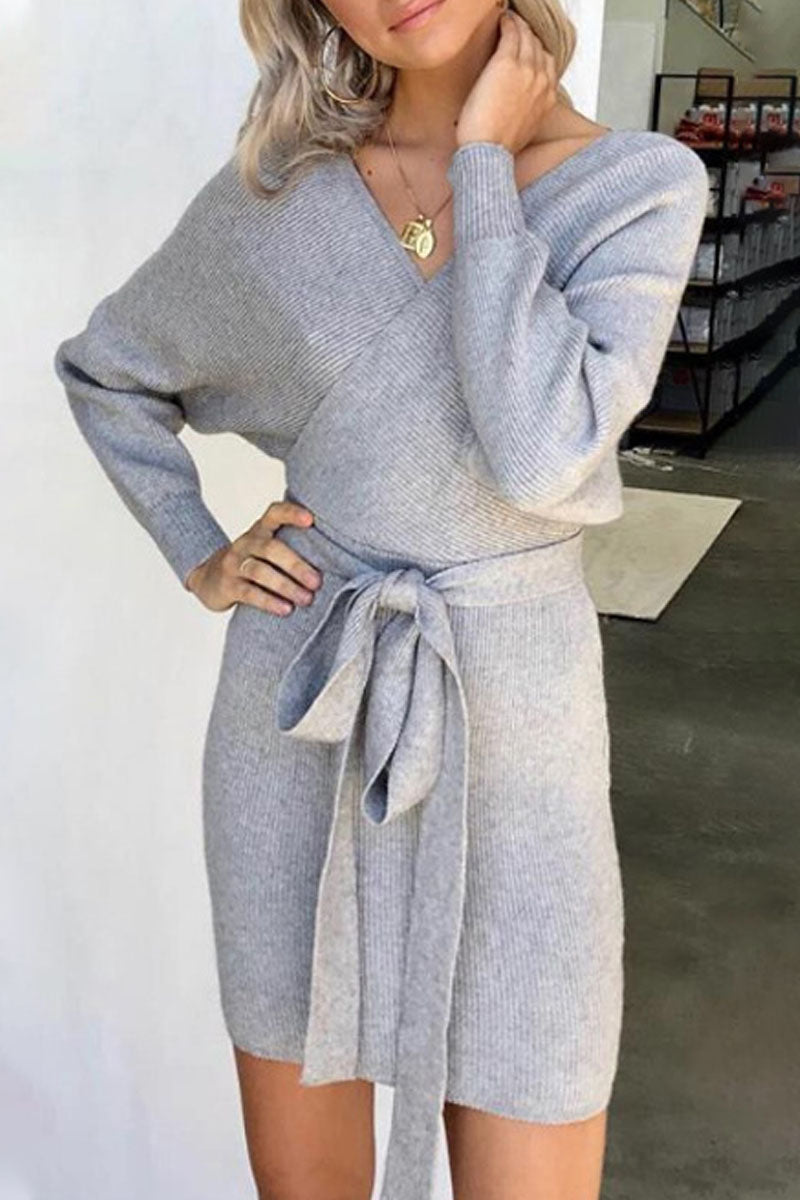 Fashion Casual Solid Split Joint V Neck A Line Dresses - Fashionpara