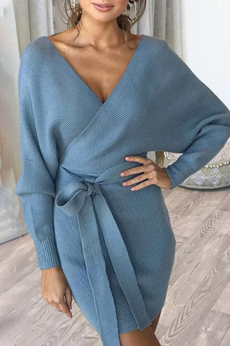 Fashion Casual Solid Split Joint V Neck A Line Dresses - Fashionpara