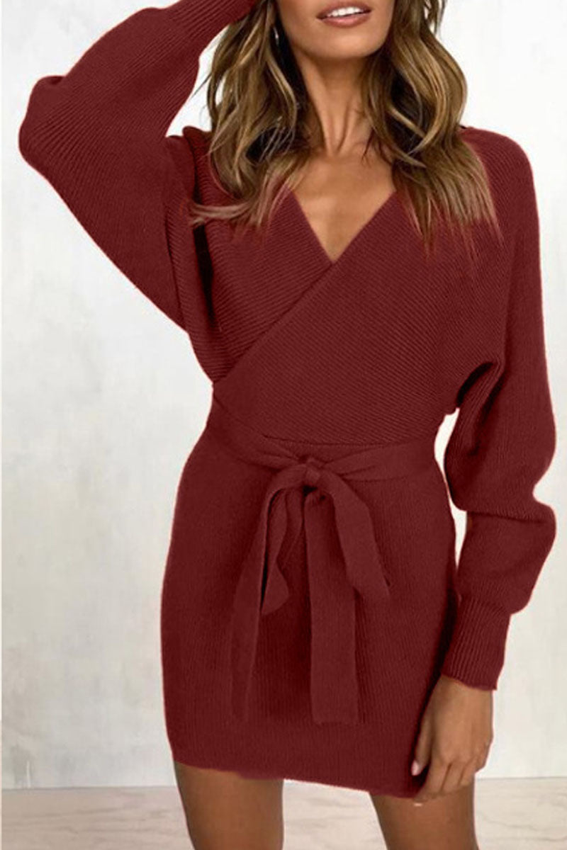 Fashion Casual Solid Split Joint V Neck A Line Dresses - Fashionpara