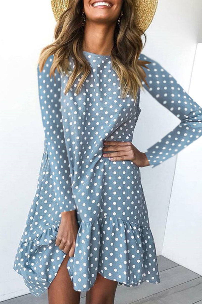 Fashion Sweet Polka Dot Split Joint O Neck Irregular Dresses - Fashionpara