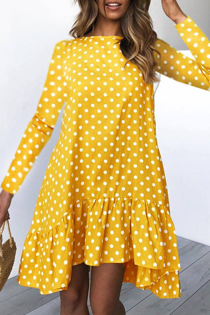 Fashion Sweet Polka Dot Split Joint O Neck Irregular Dresses - Fashionpara