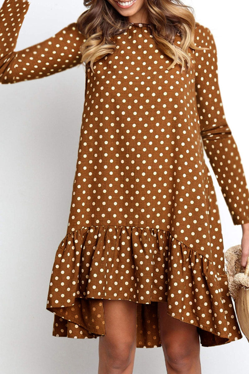 Fashion Sweet Polka Dot Split Joint O Neck Irregular Dresses - Fashionpara