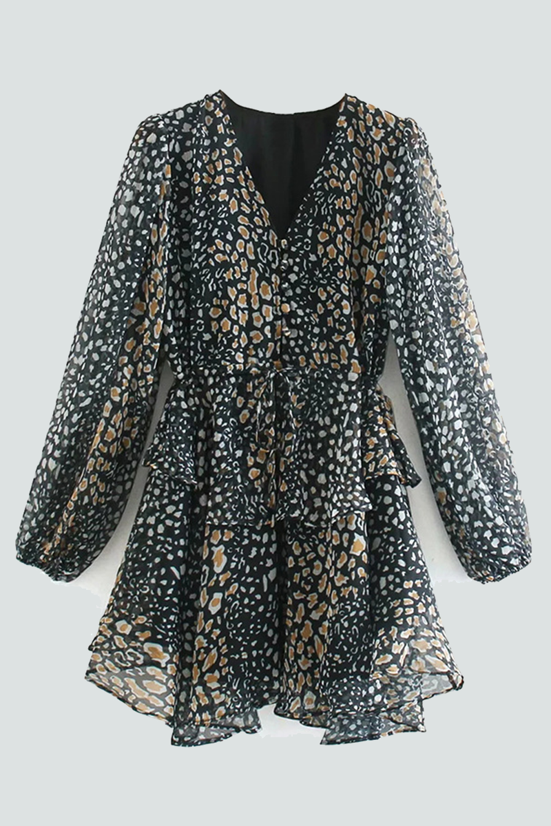 Fashion Casual Print Frenulum Buttons V Neck A Line Dresses - Fashionpara