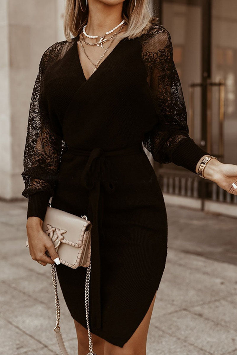 Fashion Street Solid Patchwork V Neck A Line Dresses - Fashionpara