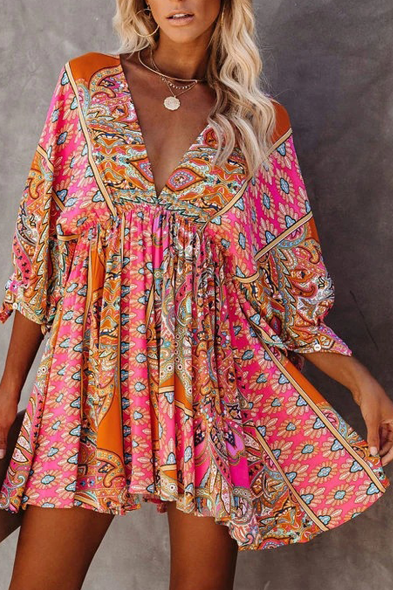 Fashion Elegant Print Frenulum Backless V Neck Dresses - Fashionpara