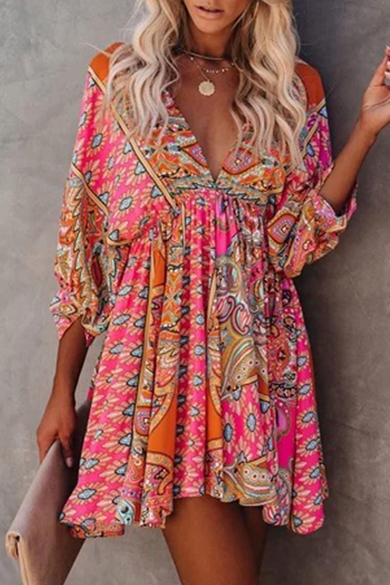 Fashion Elegant Print Frenulum Backless V Neck Dresses - Fashionpara