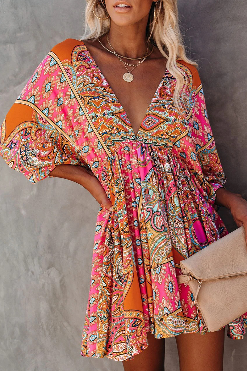 Fashion Elegant Print Frenulum Backless V Neck Dresses - Fashionpara