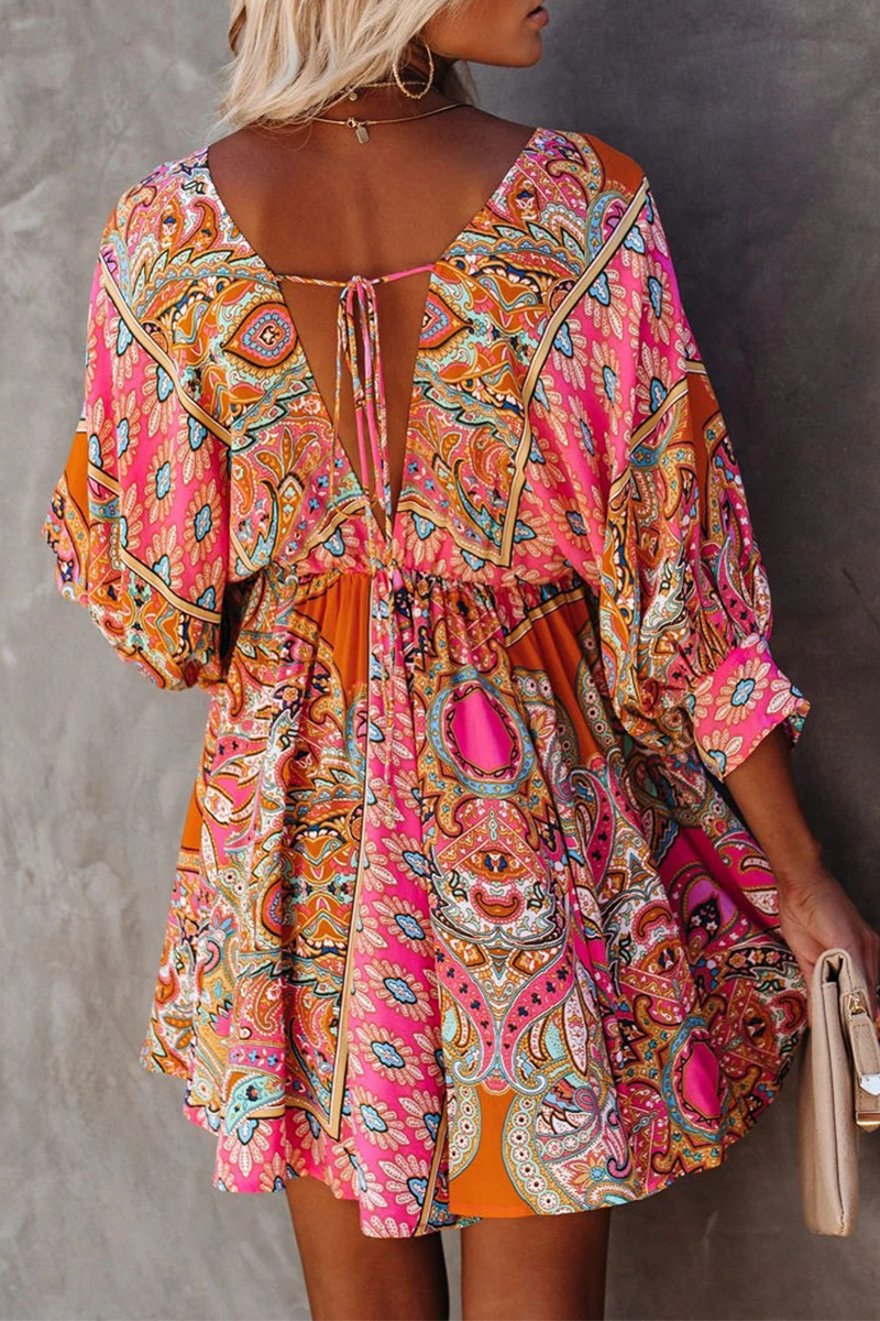 Fashion Elegant Print Frenulum Backless V Neck Dresses - Fashionpara