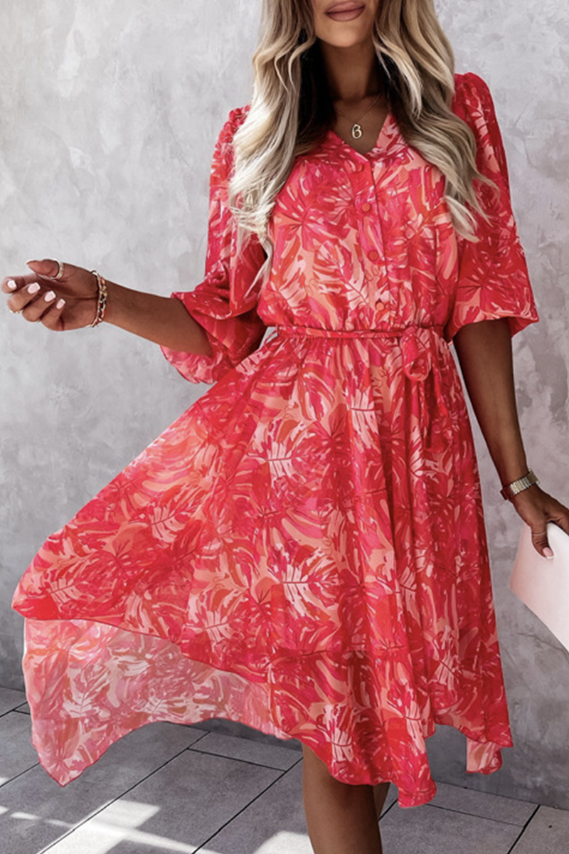 Fashion Elegant Floral Buckle With Belt V Neck Irregular Dress Dresses - Fashionpara