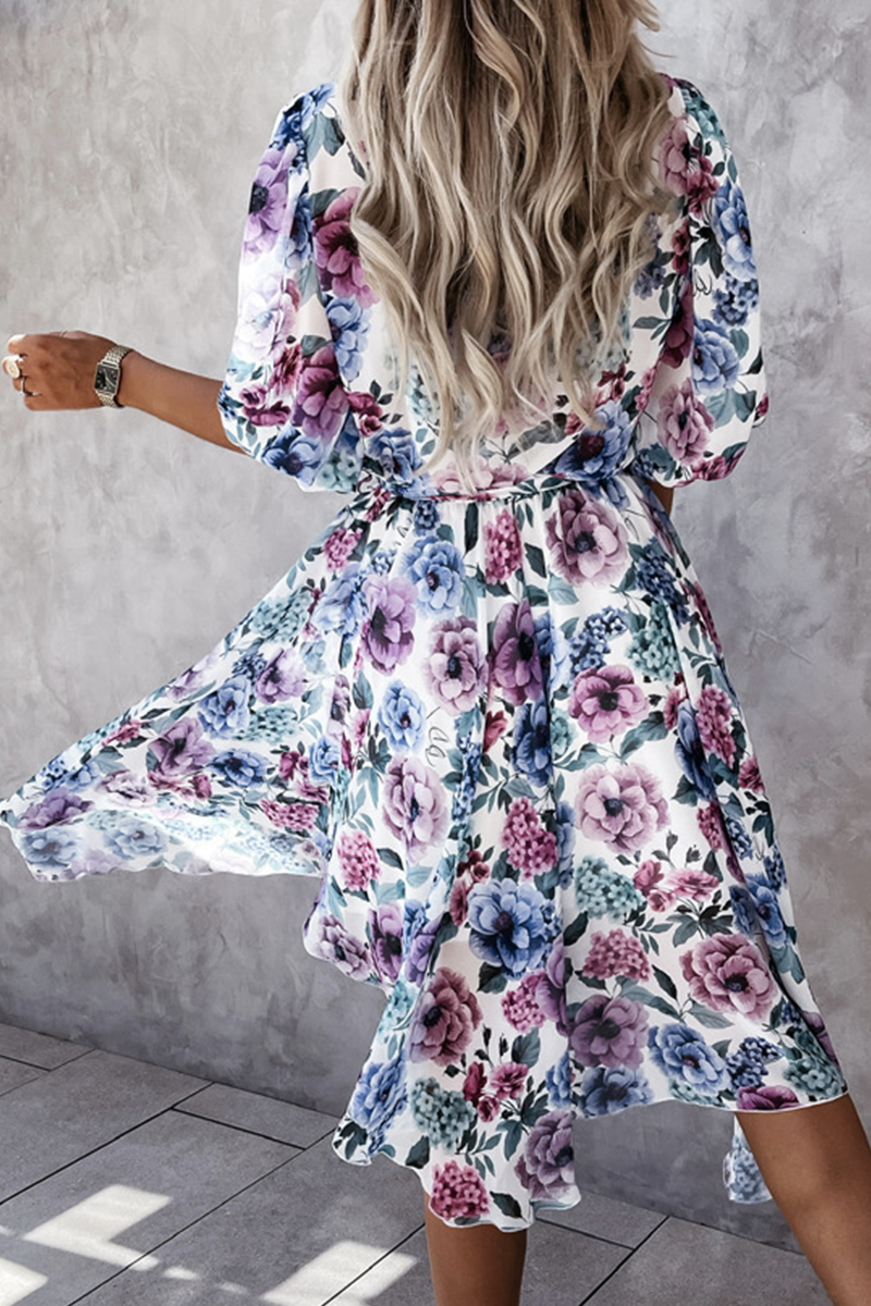 Fashion Elegant Floral Buckle With Belt V Neck Irregular Dress Dresses - Fashionpara