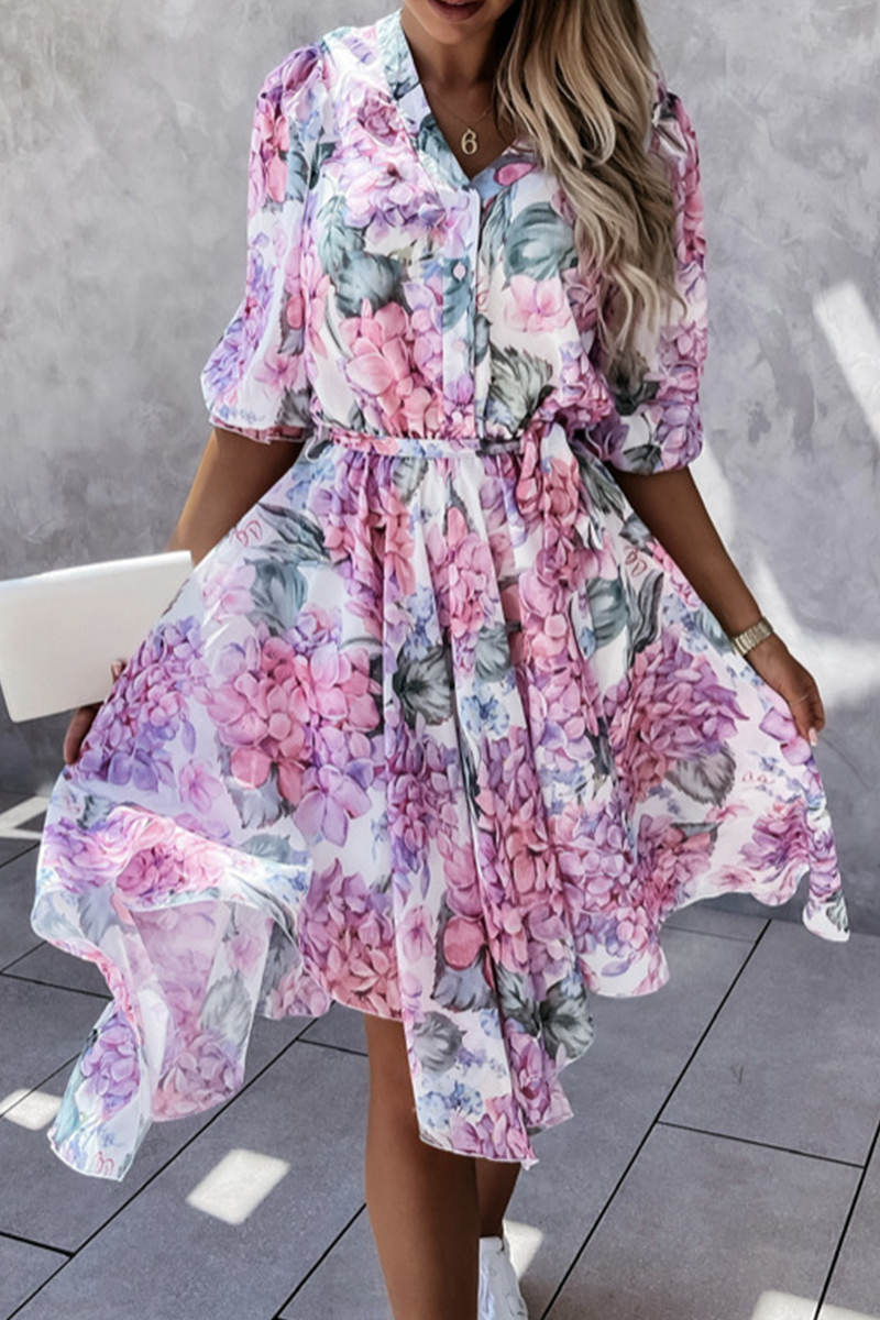 Fashion Elegant Floral Buckle With Belt V Neck Irregular Dress Dresses - Fashionpara
