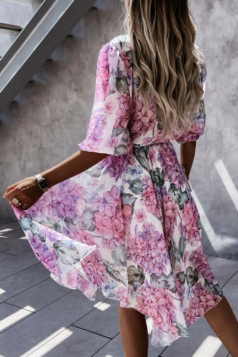 Fashion Elegant Floral Buckle With Belt V Neck Irregular Dress Dresses - Fashionpara