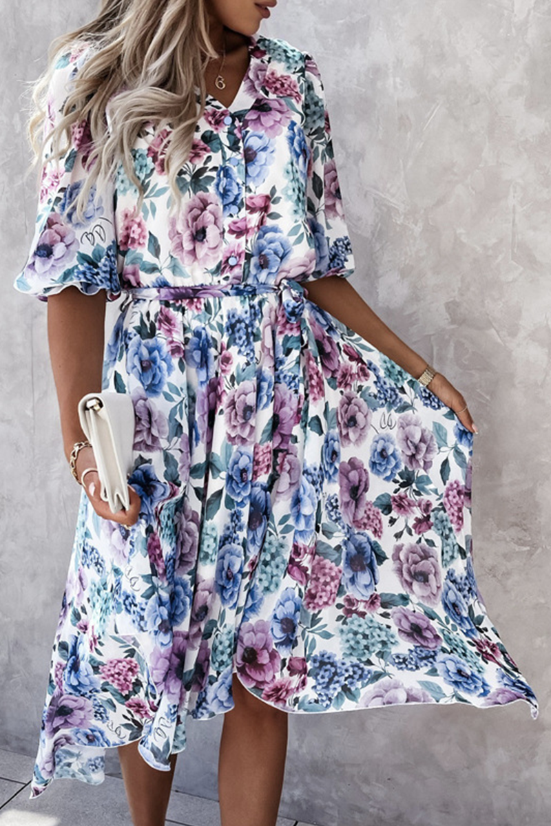 Fashion Elegant Floral Buckle With Belt V Neck Irregular Dress Dresses - Fashionpara