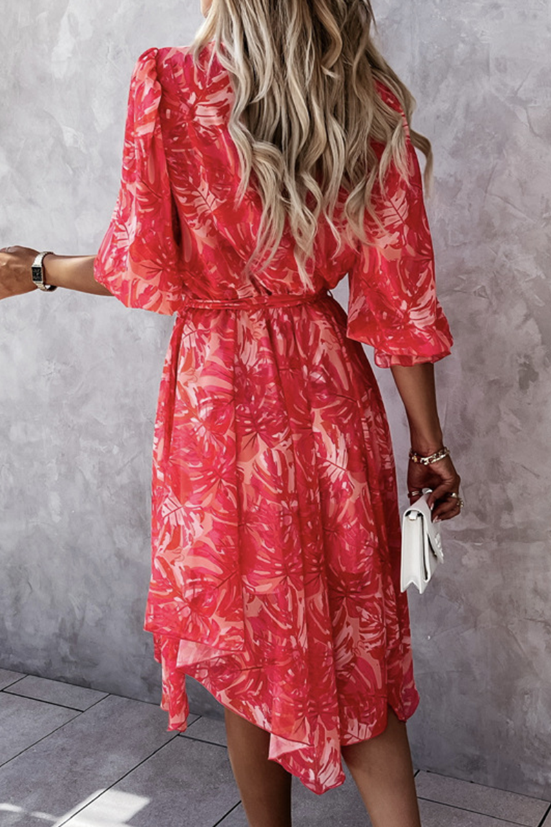 Fashion Elegant Floral Buckle With Belt V Neck Irregular Dress Dresses - Fashionpara